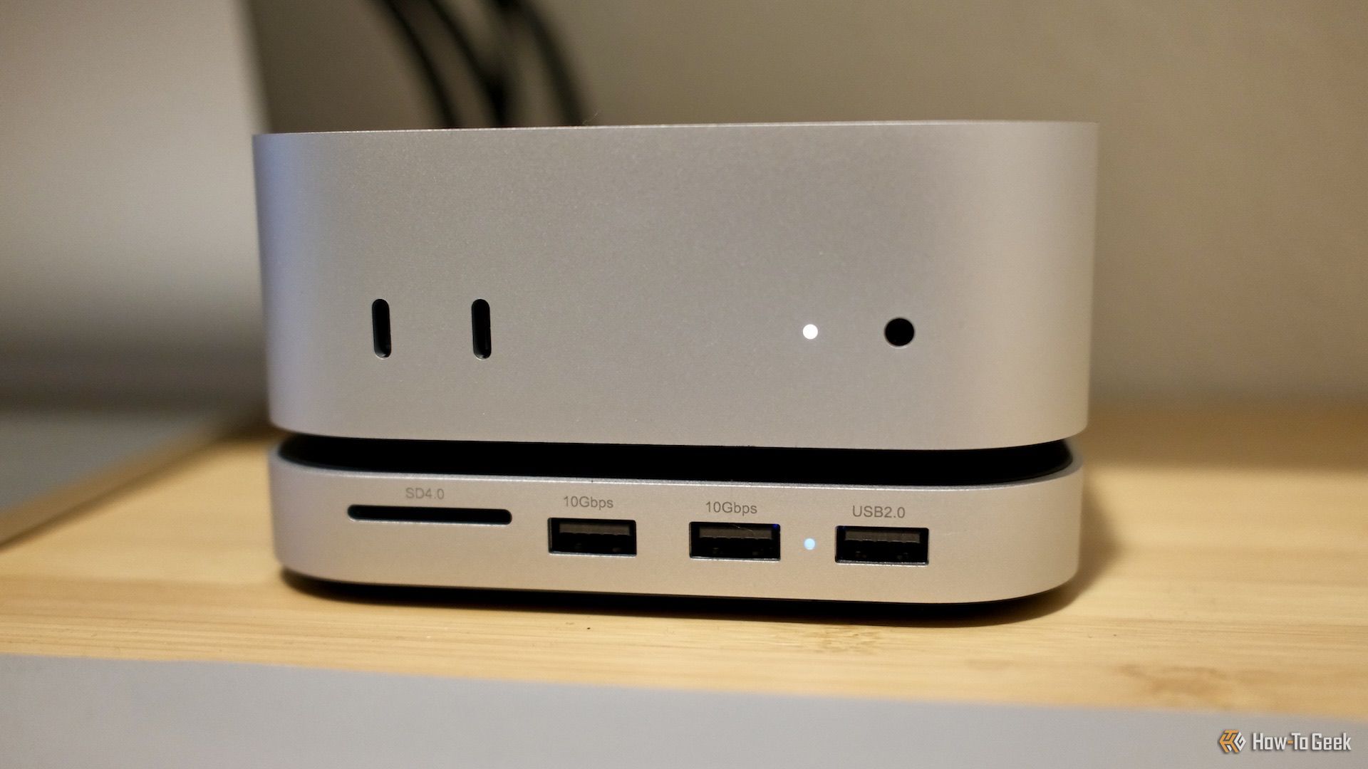Close up of the ports on teh Satechi Mac Mini M4 Stand & Hub.