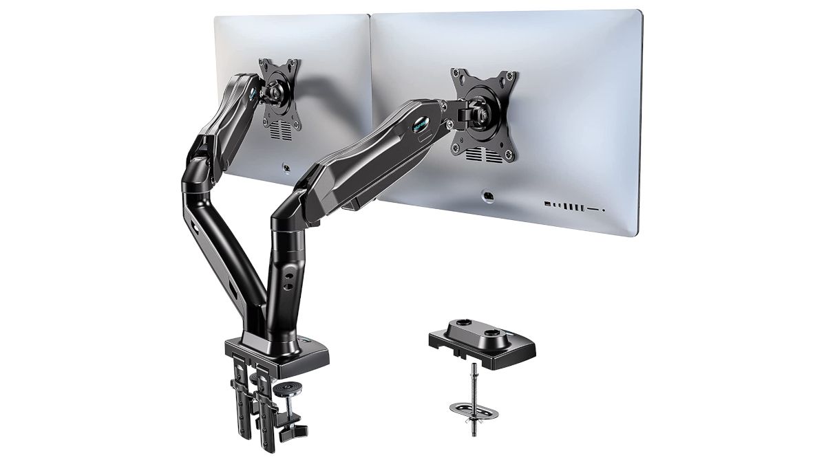A dual monitor stand with two silver monitors attached.