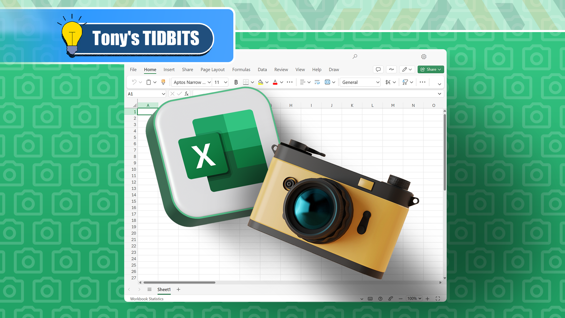 Excel logo next to a camera, with a spreadsheet in the background.