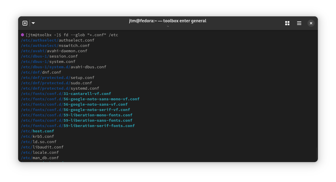 Output from the fd command in a Linux terminal.