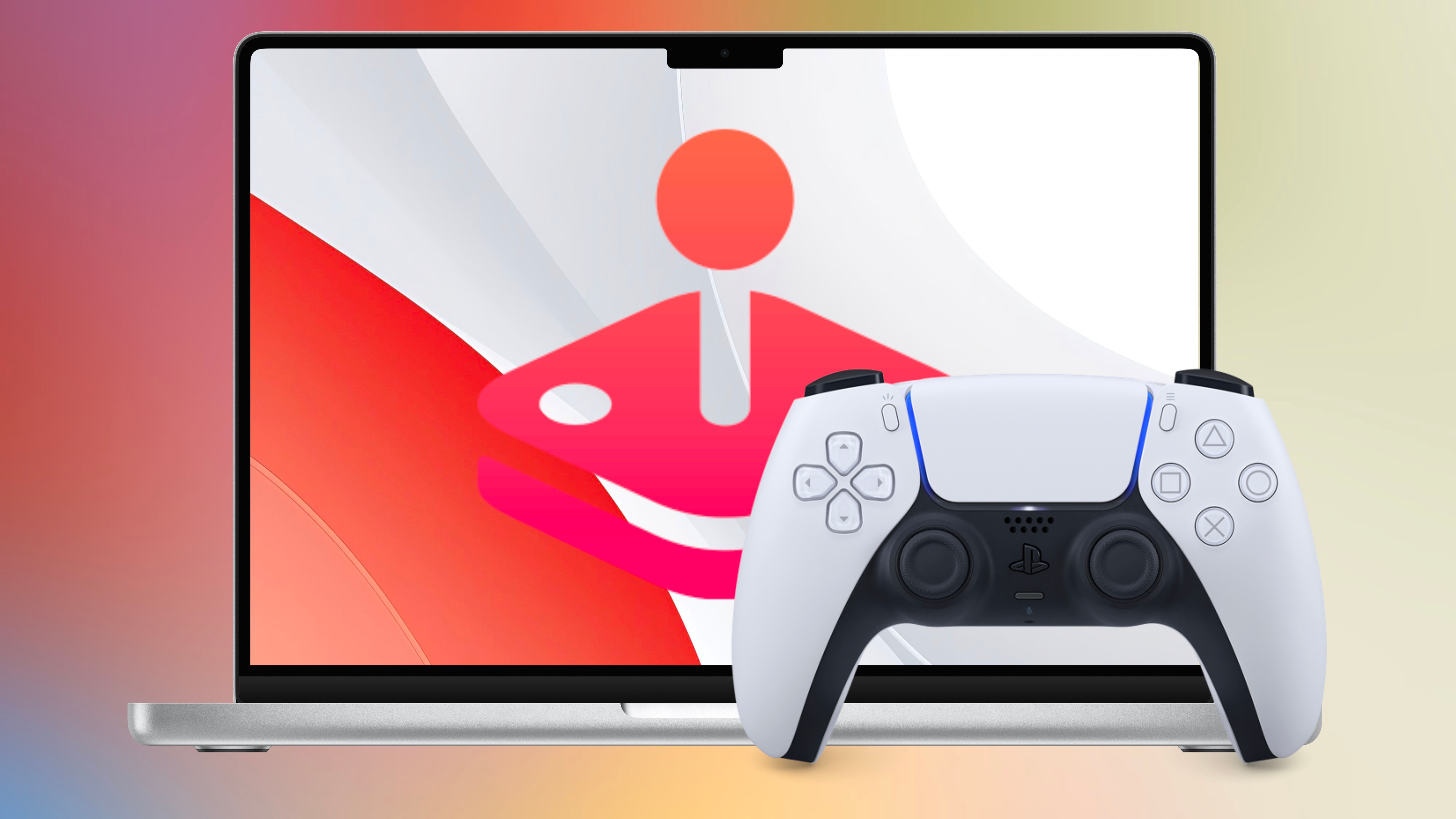 A PS5 controller in front of a MacBook with an Apple Arcade log on it.