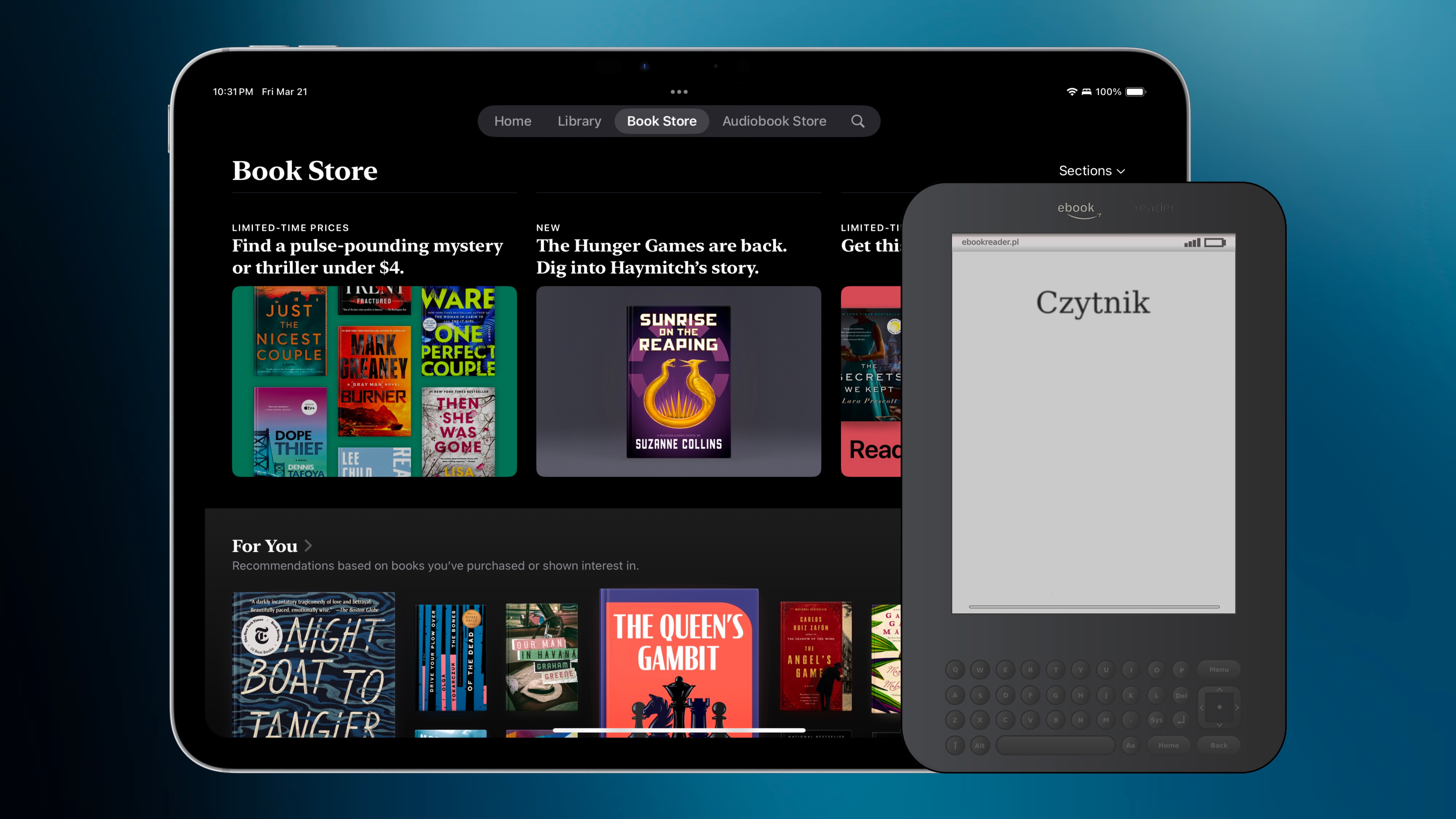 An iPad showcasing Books app next to an eReader.