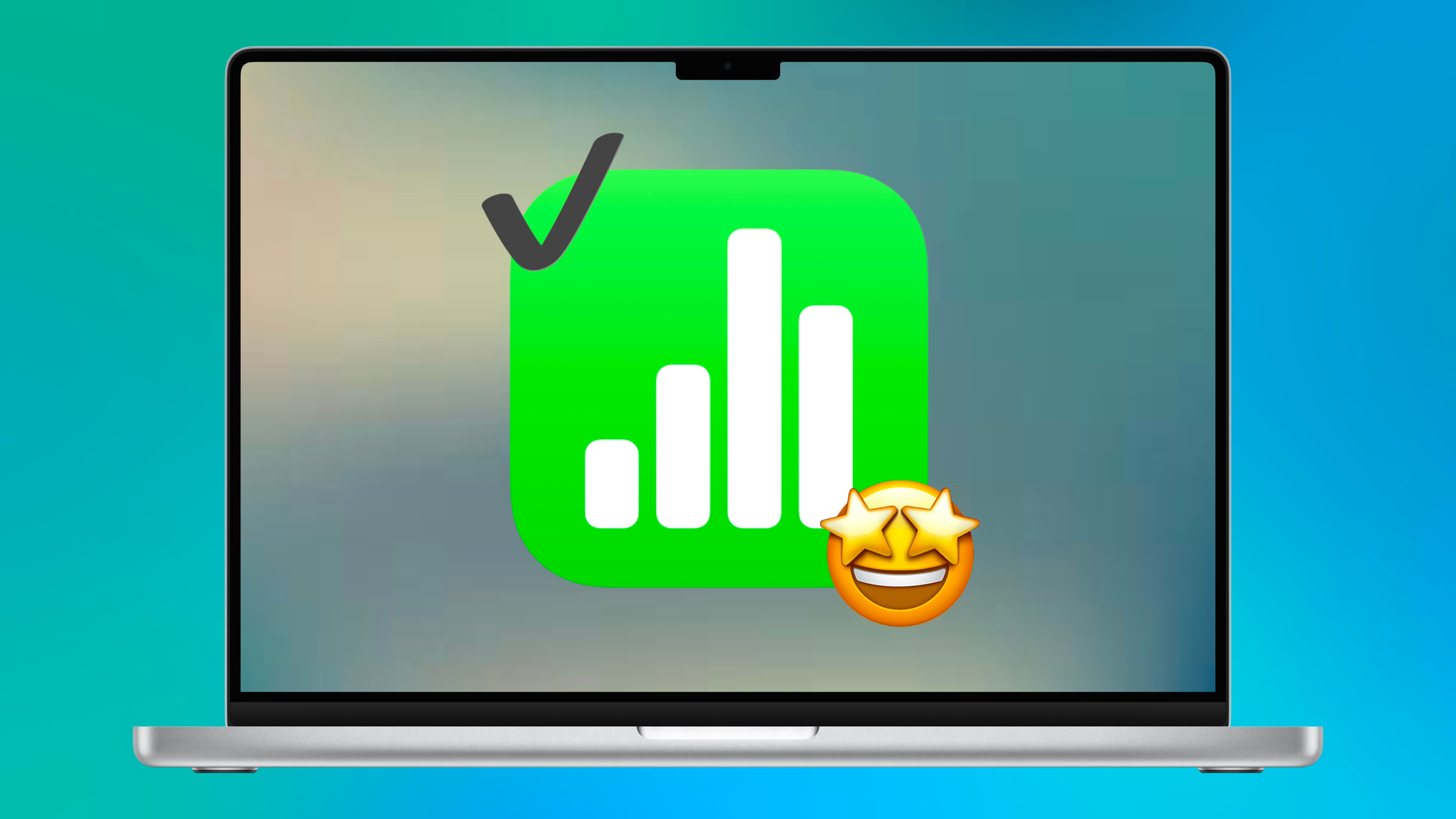 Apple Numbers app covered with checkmark and star-eyes emojis on a MacBook Pro.