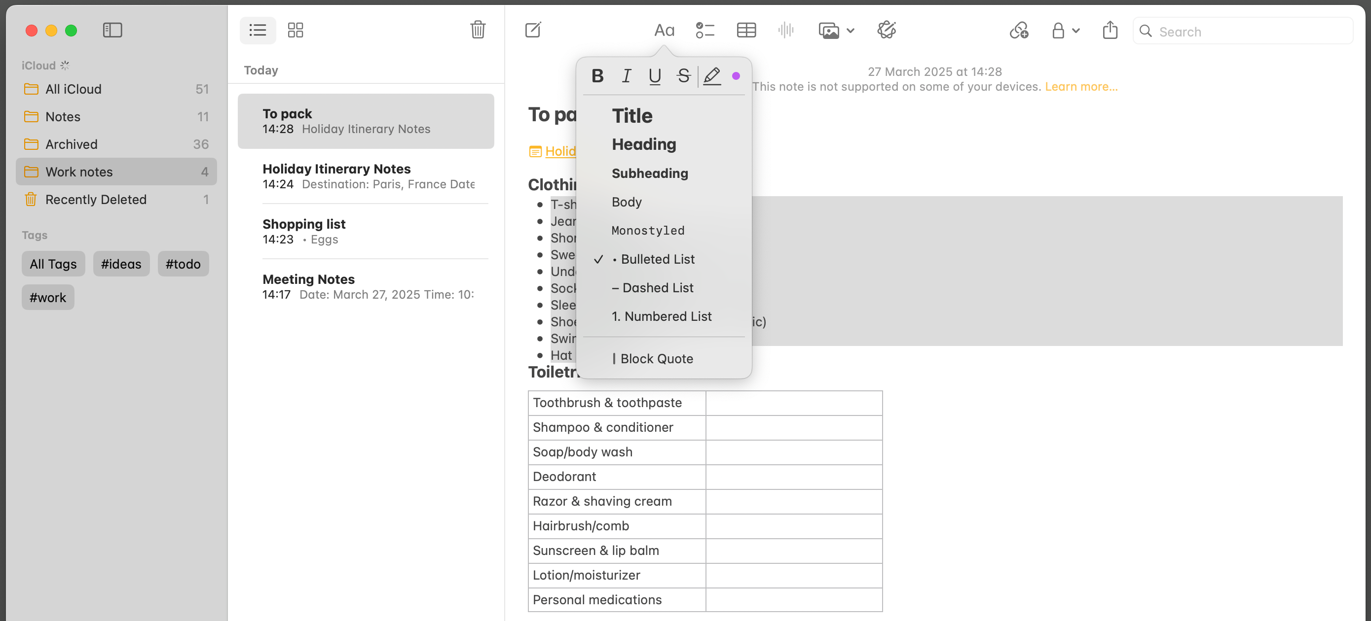Formatting a note in Apple Notes.