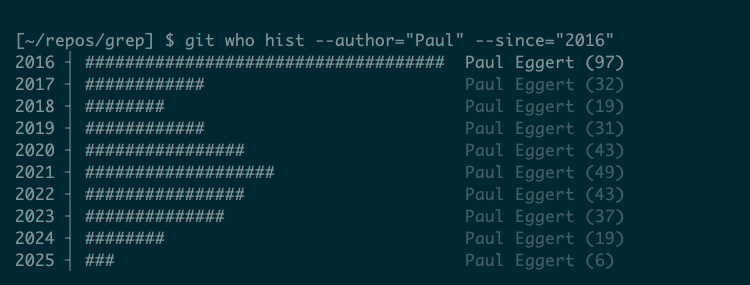 Output from the git who command filtered by author and date using the --since option.