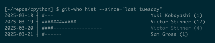 Output from the git who hist command with the --since option using a value of "last tuesday" to select a relative date range.