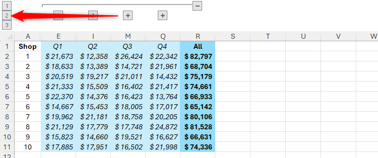 Group level 2 in Excel is selected, revealing the second level of column grouping.