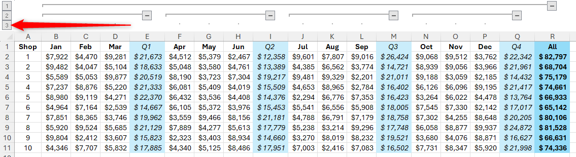 Group level 3 in Excel is selected, revealing all the grouped data.
