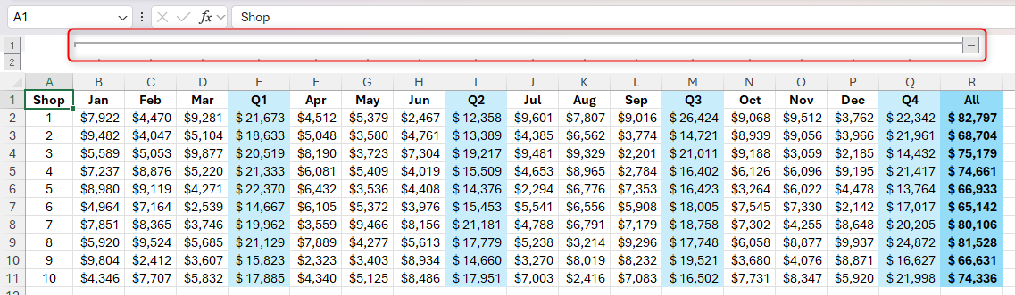 Grouped columns in Excel, with the line and minus symbol that indicates the grouping highlighted.