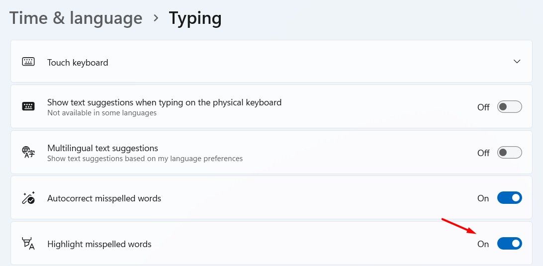 Hightlight misspelled words toggle in the Settings menu.