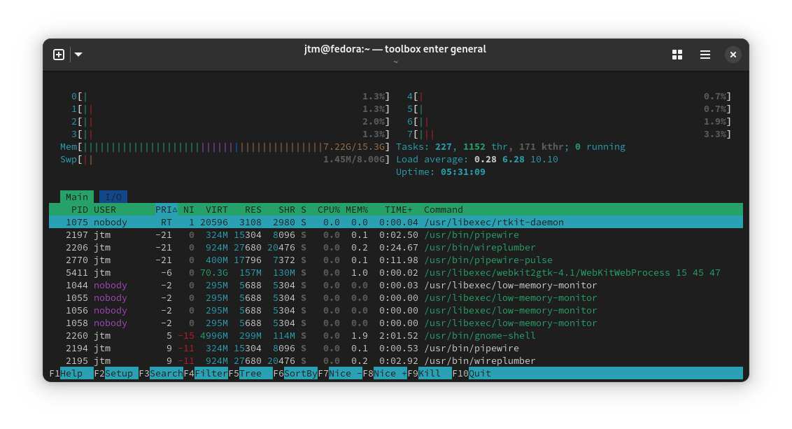 Output from the htop command in a Linux terminal