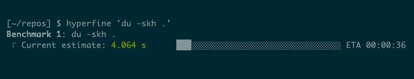 The hyperfine command running in a terminal, showing a progress bar and a current estimate of 4.064 seconds.