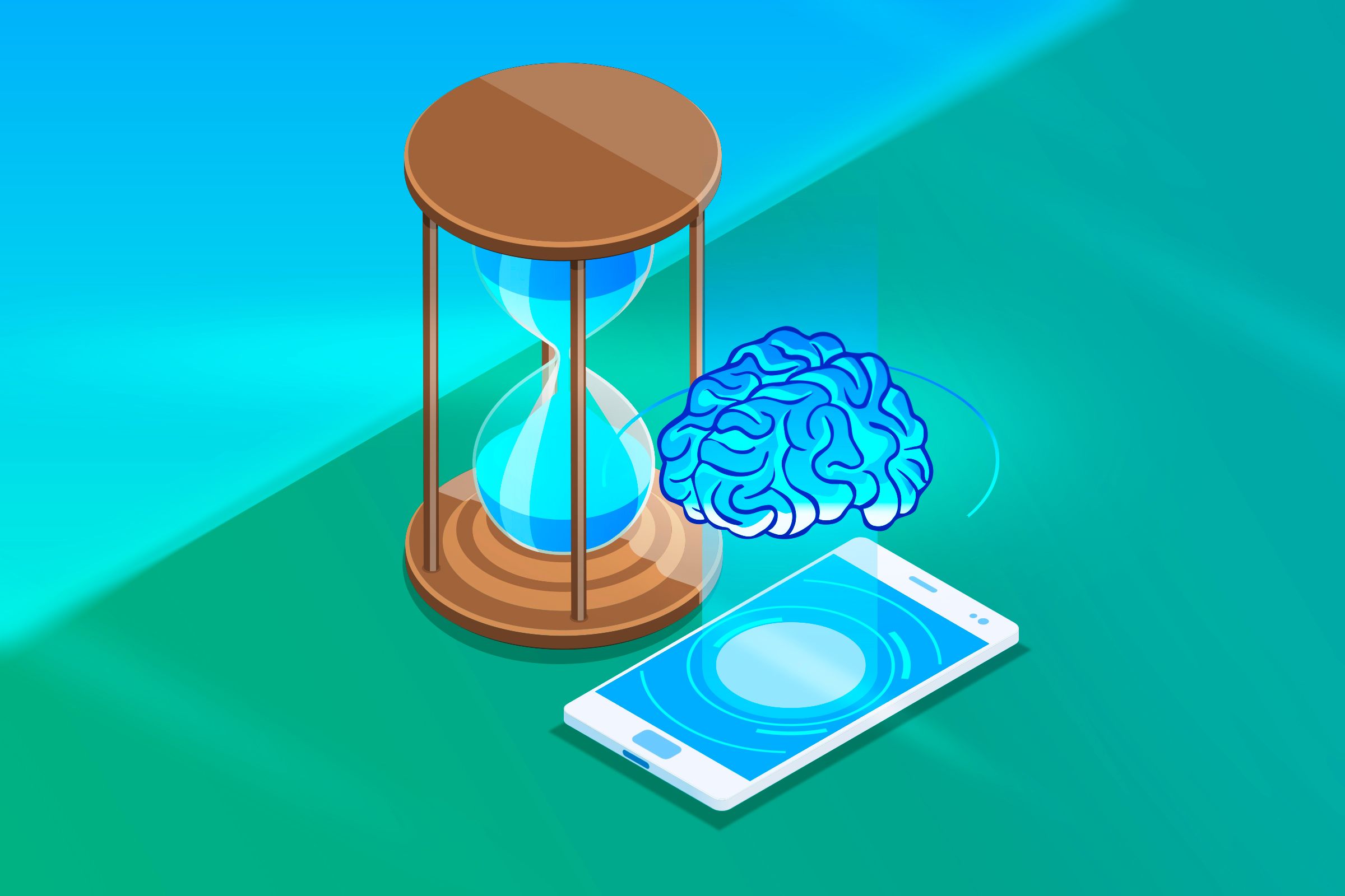 Illustration of an hourglass and a smartphone next to it with a brain above the screen.
