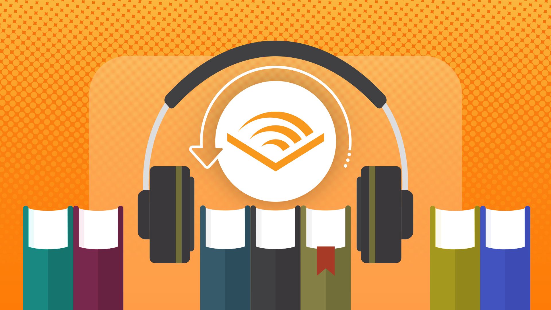 Illustration of some books, a pair of headphones, and the Audible logo in the center indicating return.