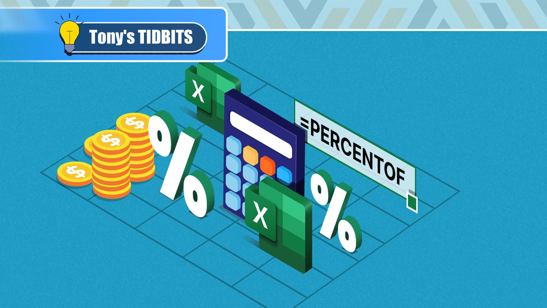 Isometric illustration of a calculator with the Excel logo beside it, and coins and percentage icons around it.
