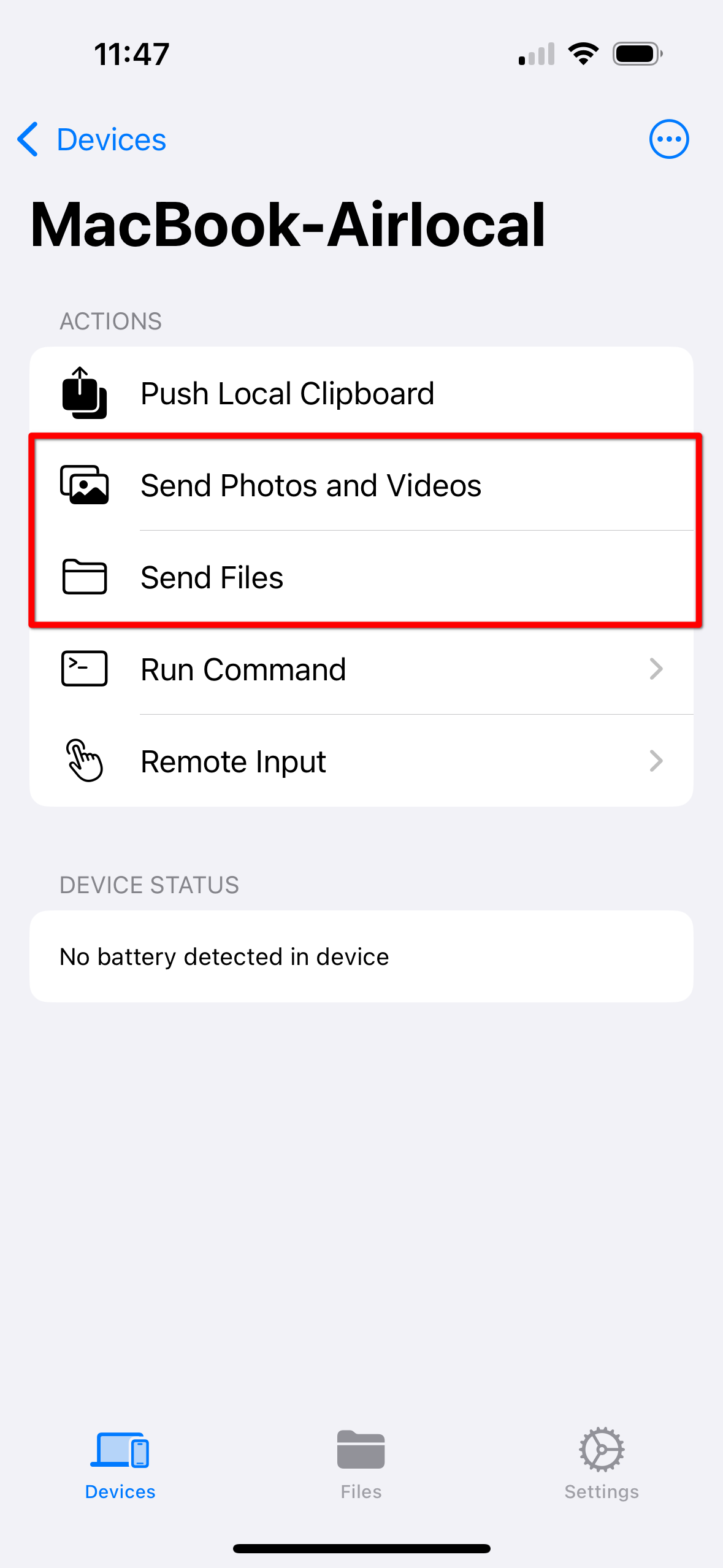 KDE Connect app on an iPhone with a red box around the 'Send Phots and Videos' and 'Send Files' options.