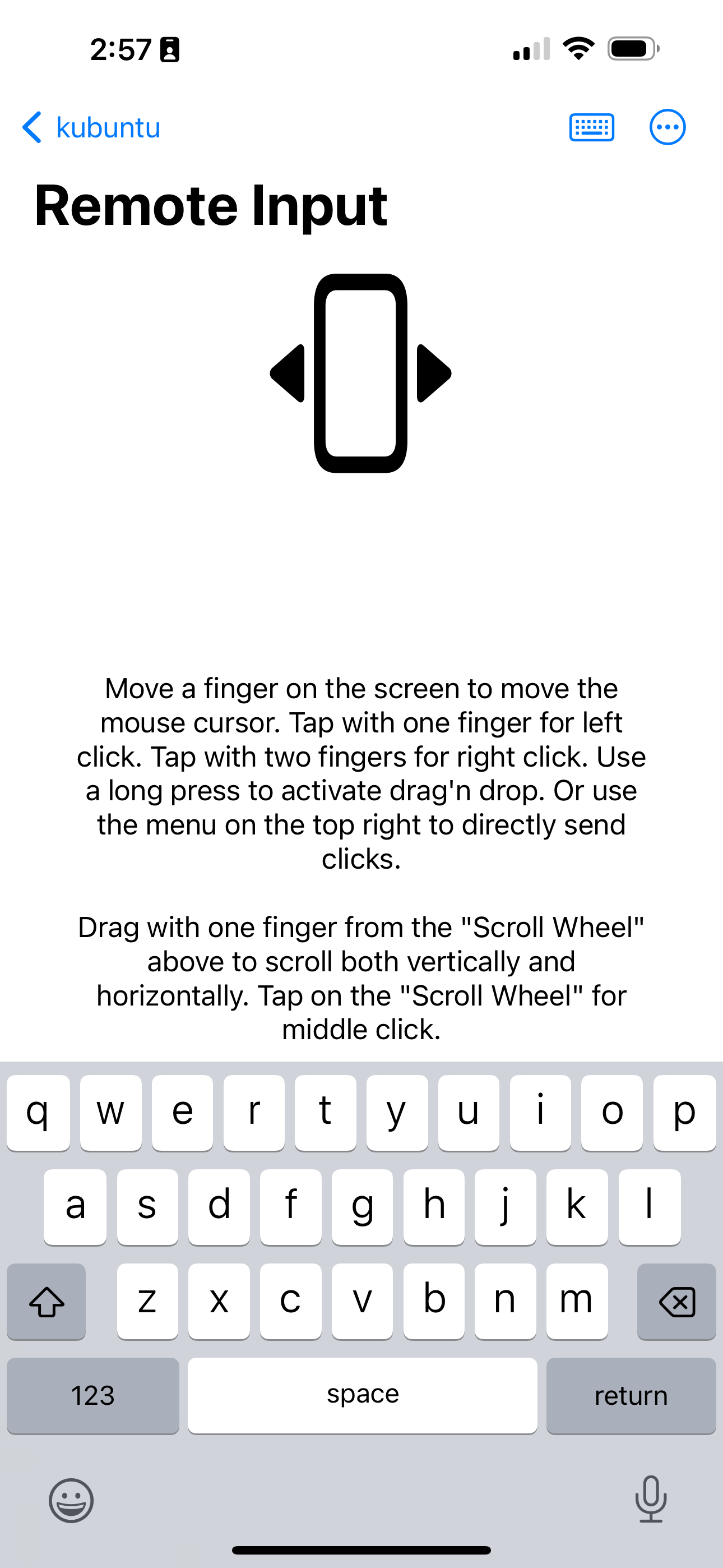 keyboard input screen for the KDE Connect app on iPhone