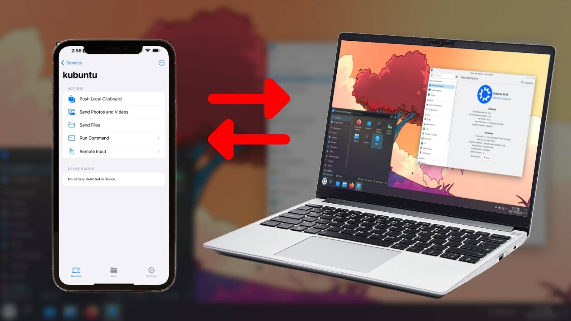 iPhone 14 on the left side showing KDE Connect app with arrows indicating integration with the laptop of the right side running Kubuntu