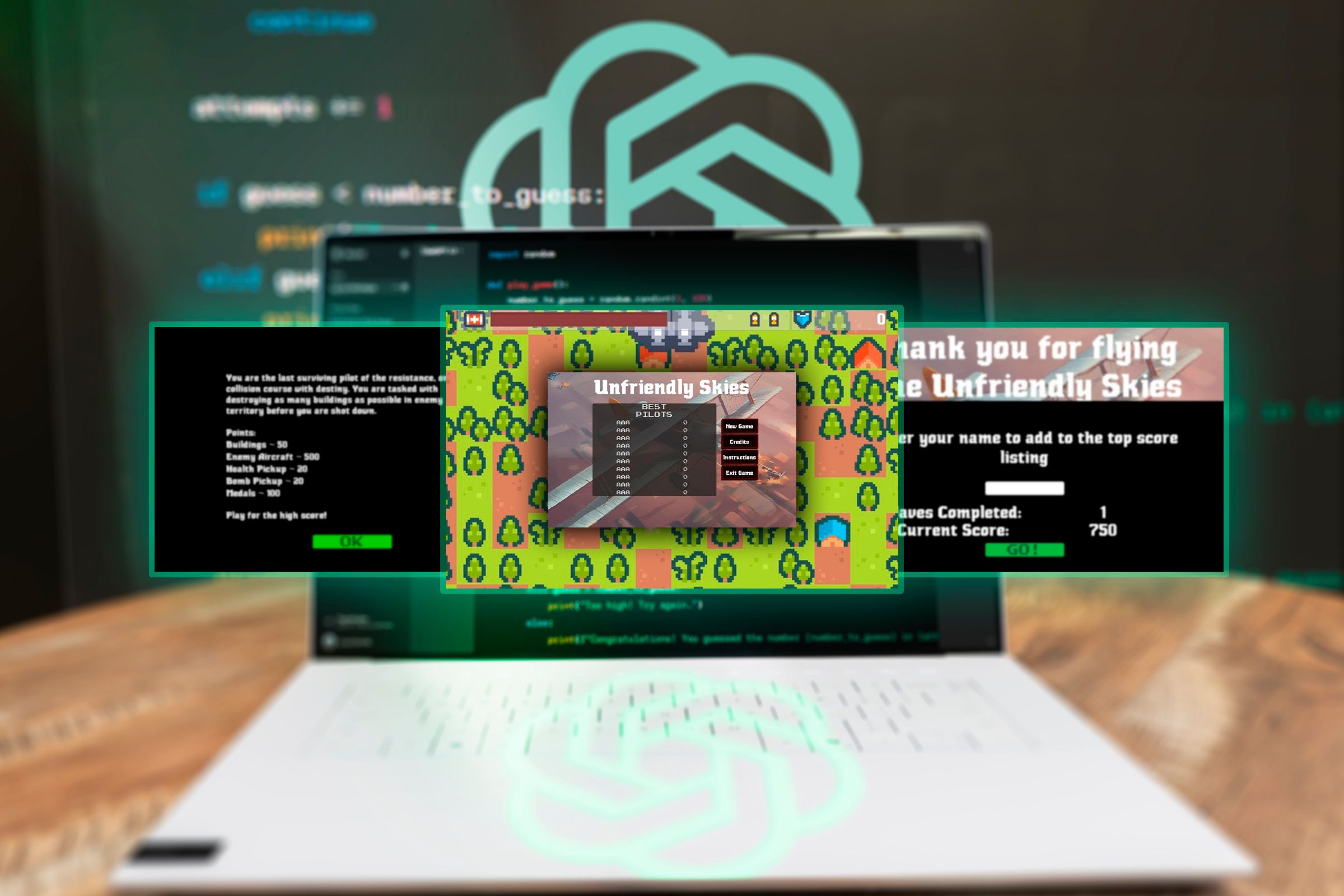 Laptop with ChatGPT displaying some code and three screenshots of a game created using ChatGPT.