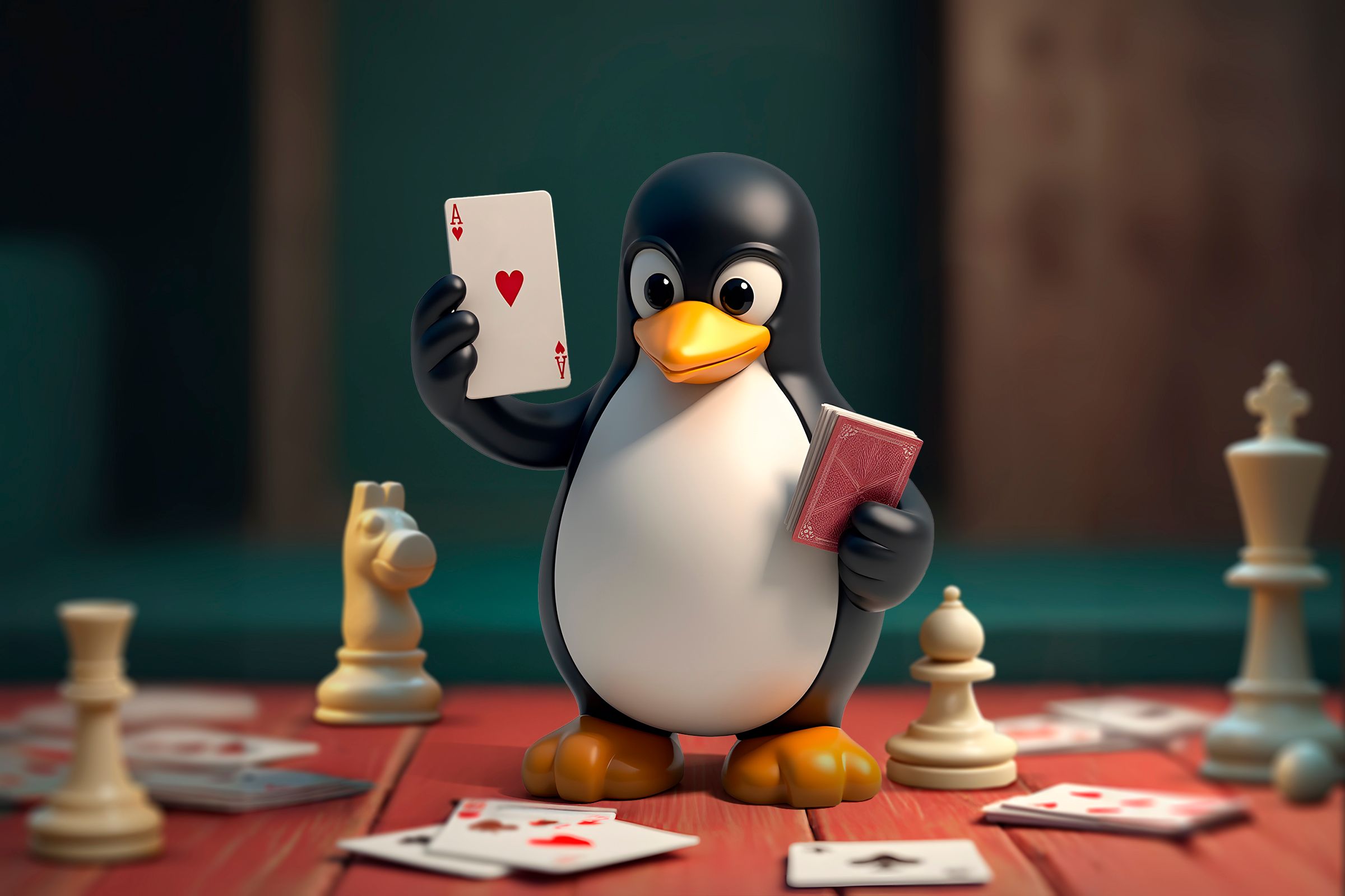 Linux mascot holding some playing cards with other cards and chess pieces around him.