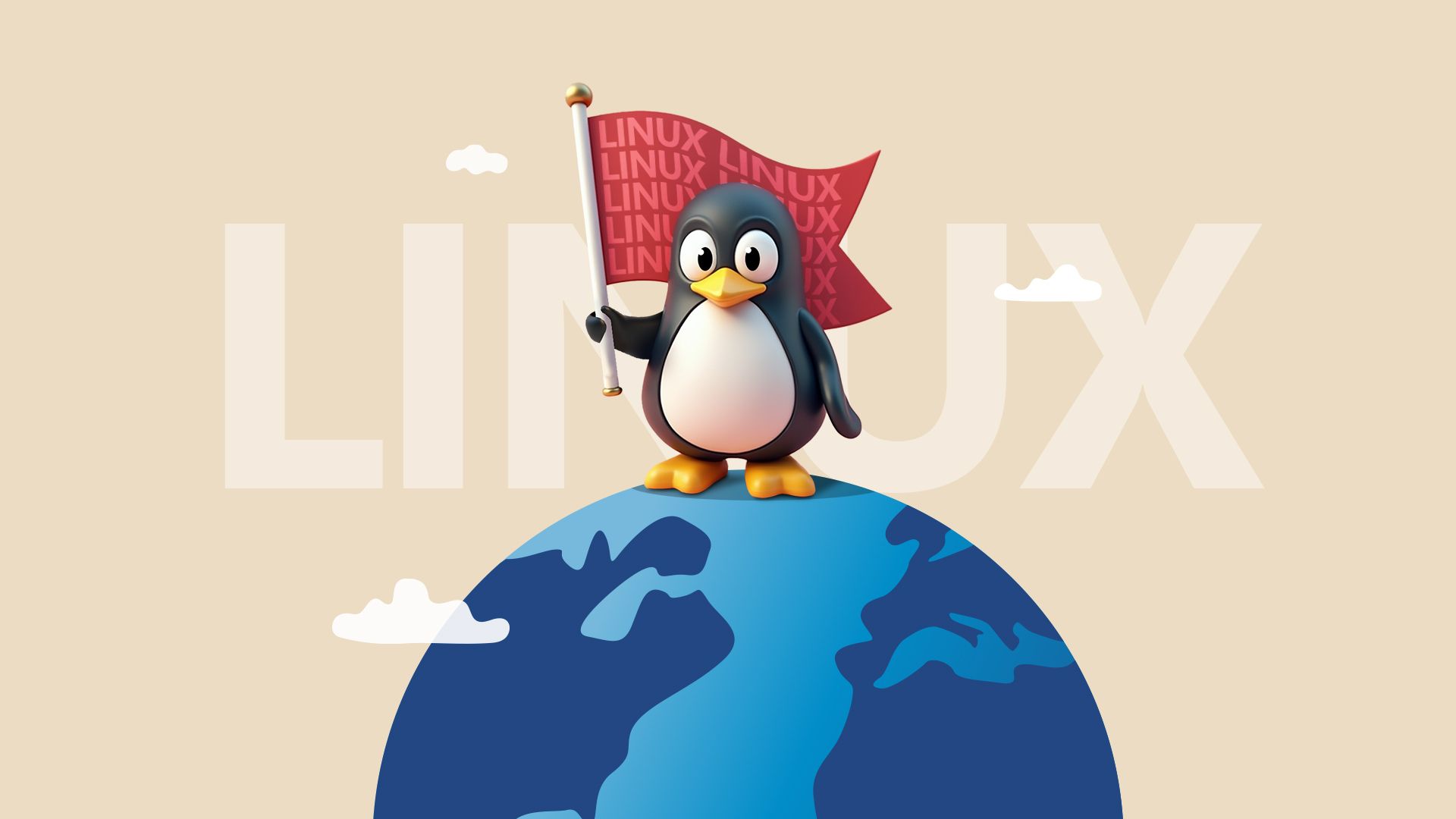 Linux mascot on a globe holding a flag.