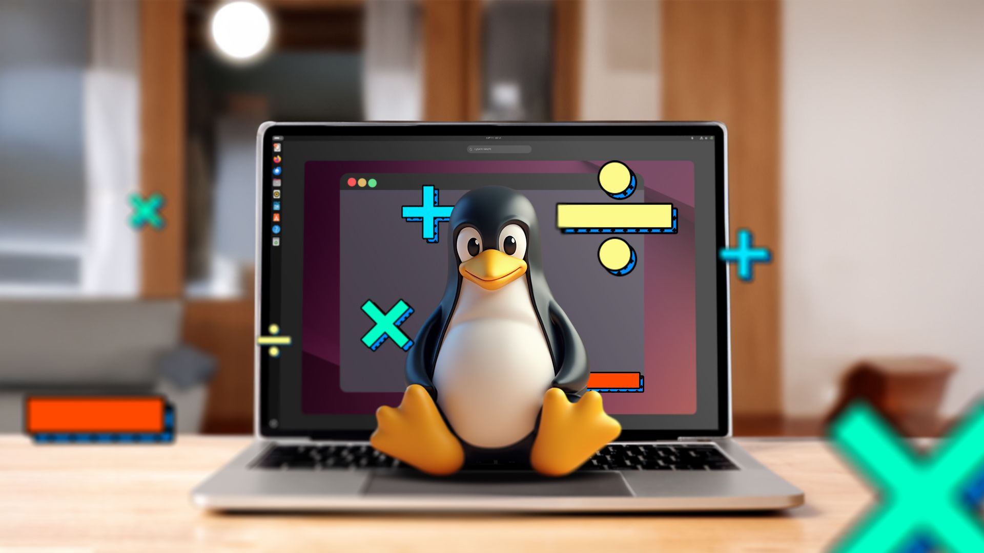 Linux mascot sitting in front of a laptop with math operation icons around