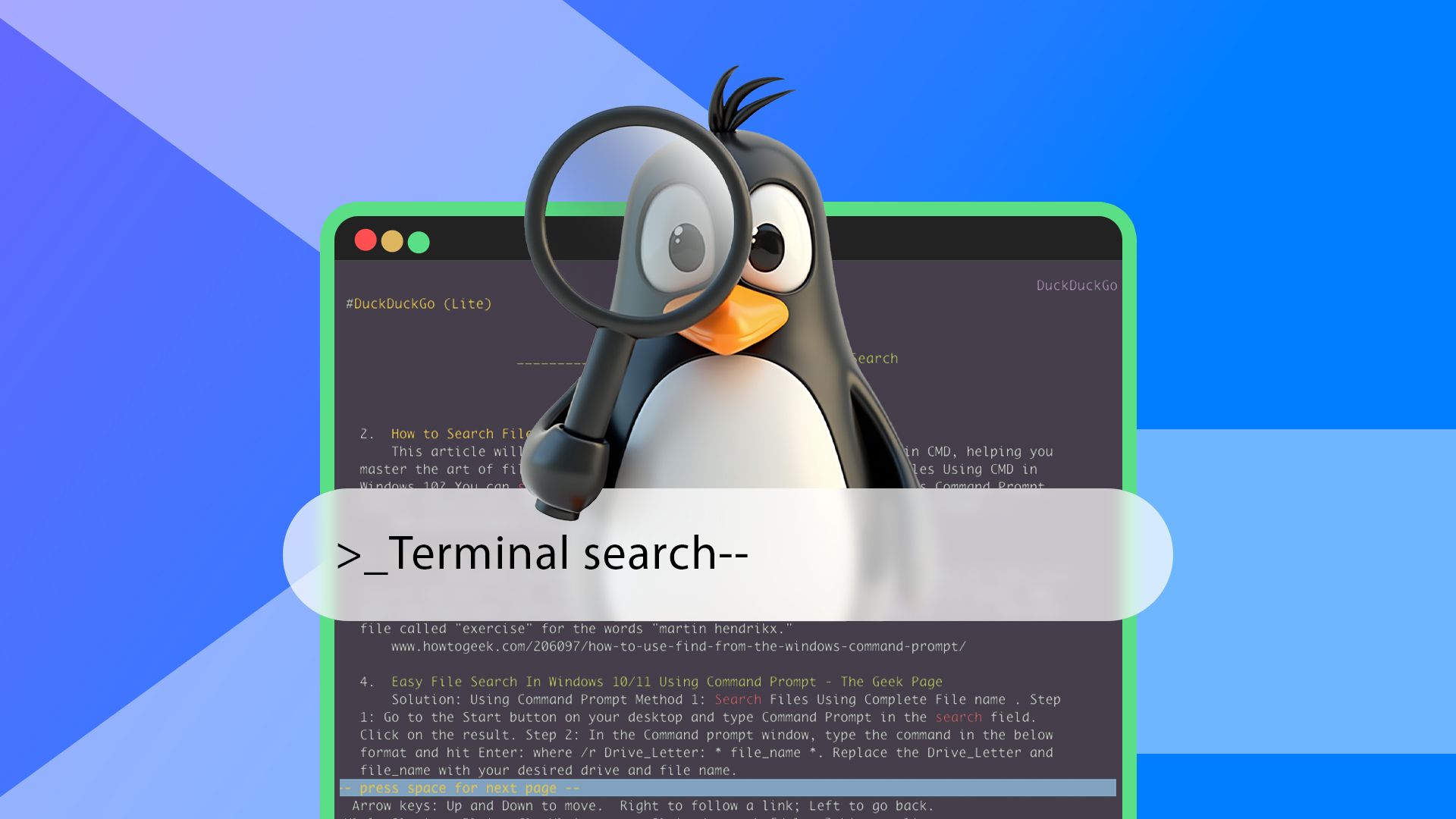 Linux terminal, a search bar in the center, and Tux holding a magnifying glass.