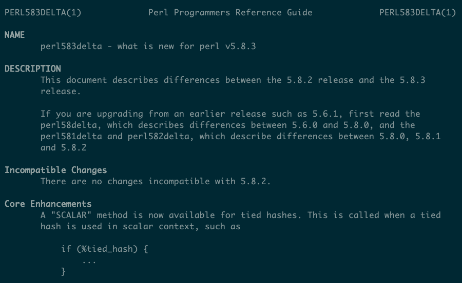 The man page for perl583delta shows sections with titles like Incompatible Changes and Core Enhancements.
