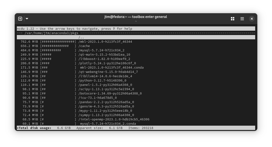 Output from the ncdu command in a Linux terminal