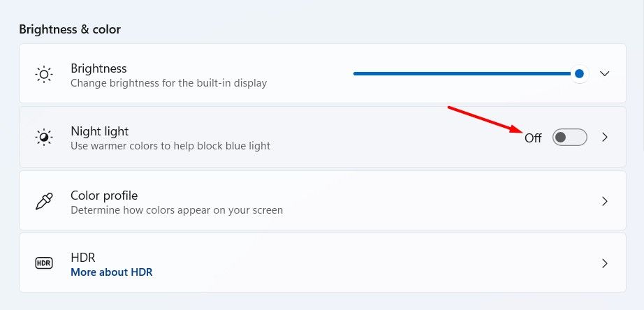 Night light toggle in the Settings app.