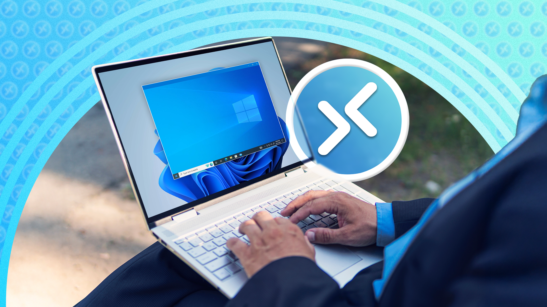 Person using a laptop to control another PC remotely.