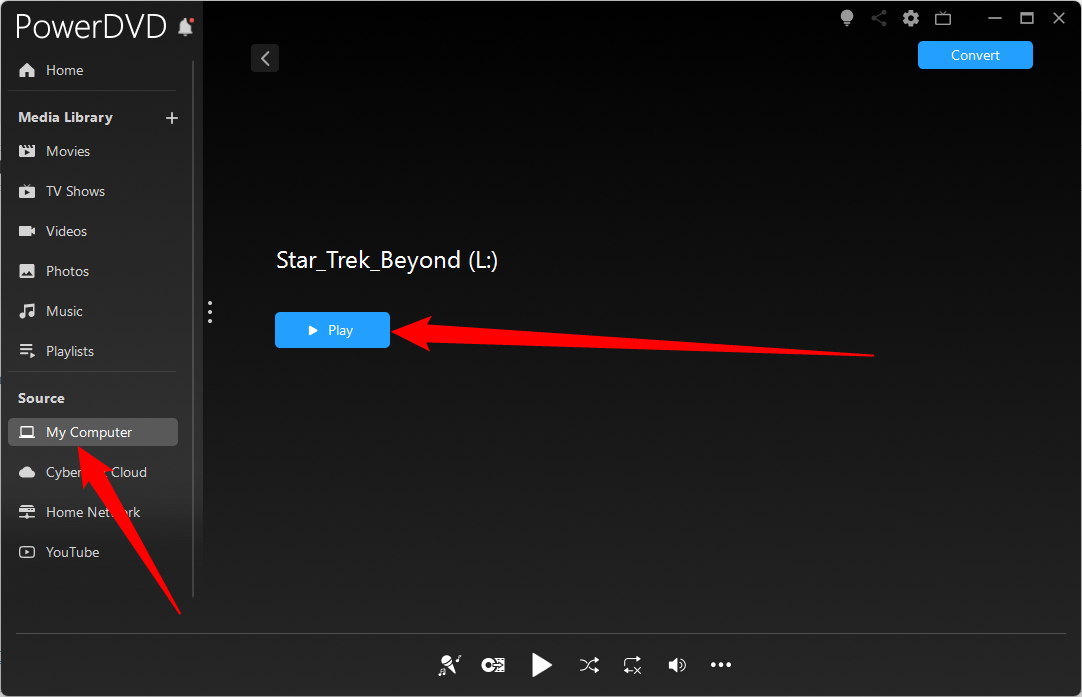 Select "My Computer" under Sources, then click "Play" once you've selected your Blu-ray drive.