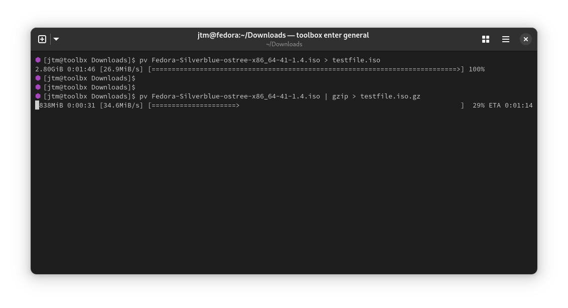 Example of pv output in a Linux terminal