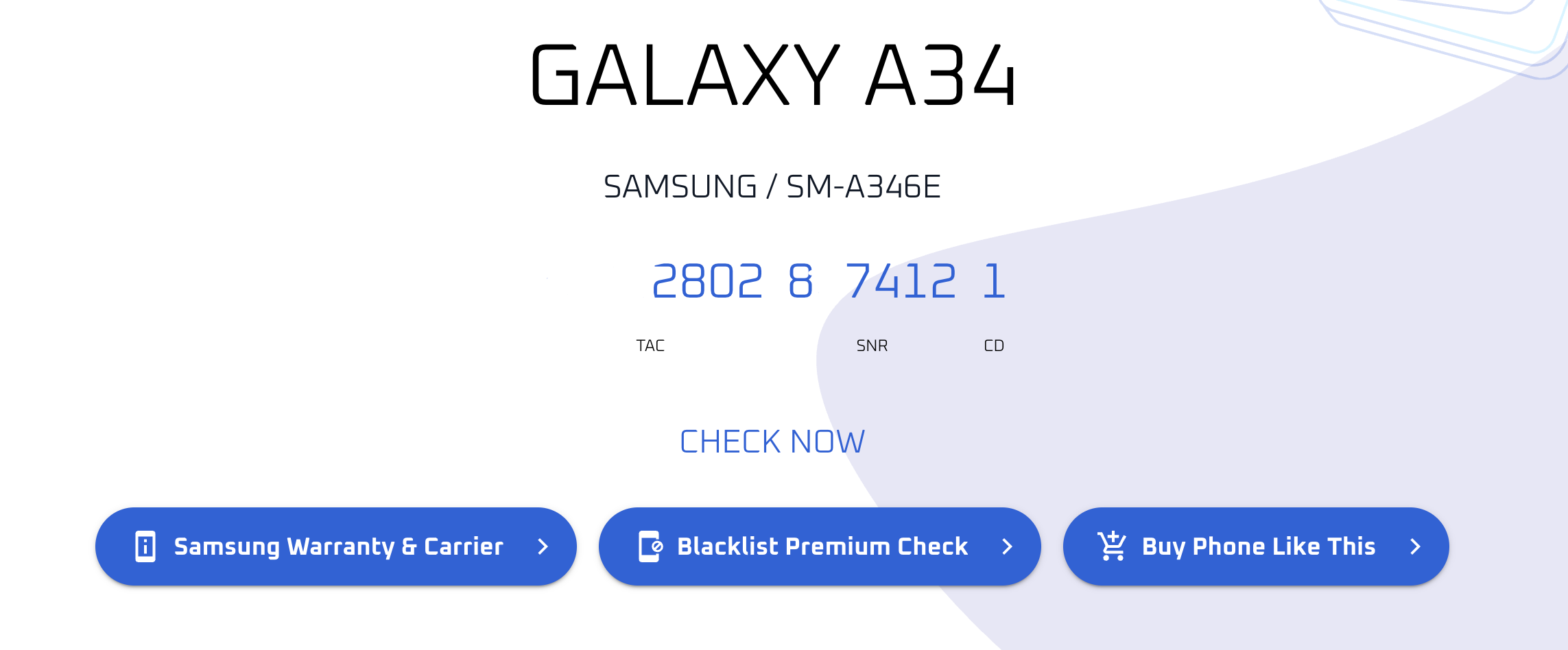 An IMEI number on the IMEI.info website.