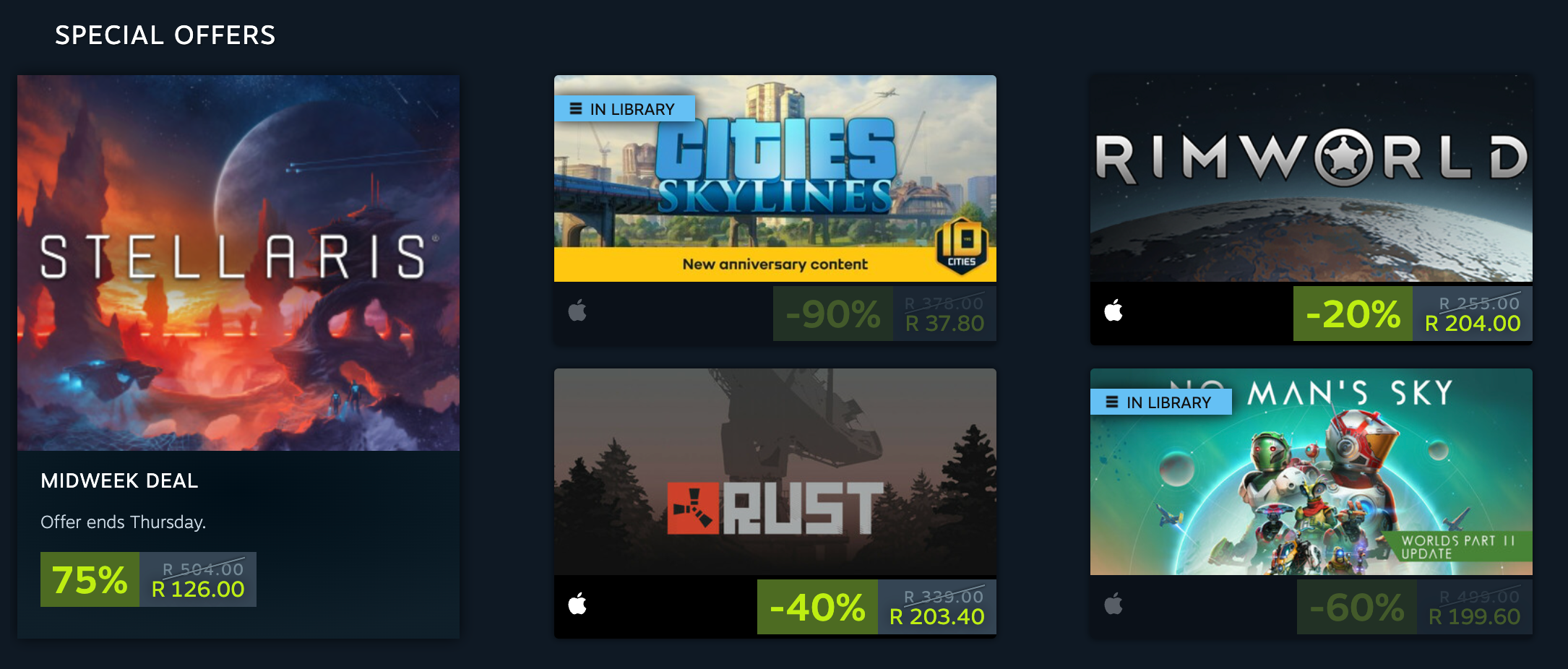 The macOS version of Steam showing games that are on sale.