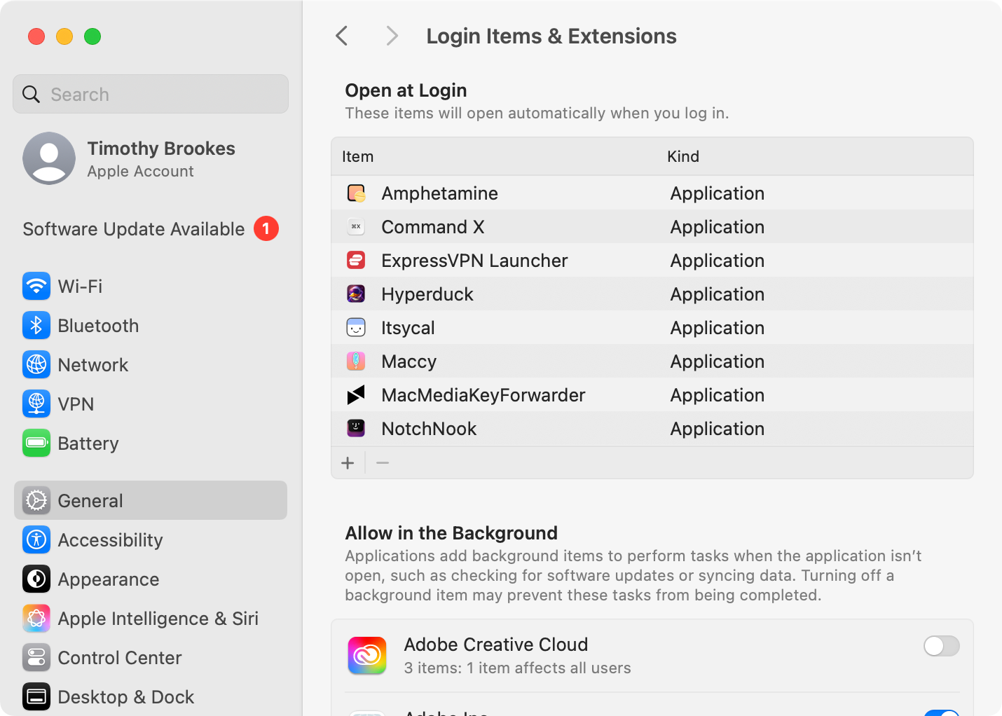 macOS Login Items window.