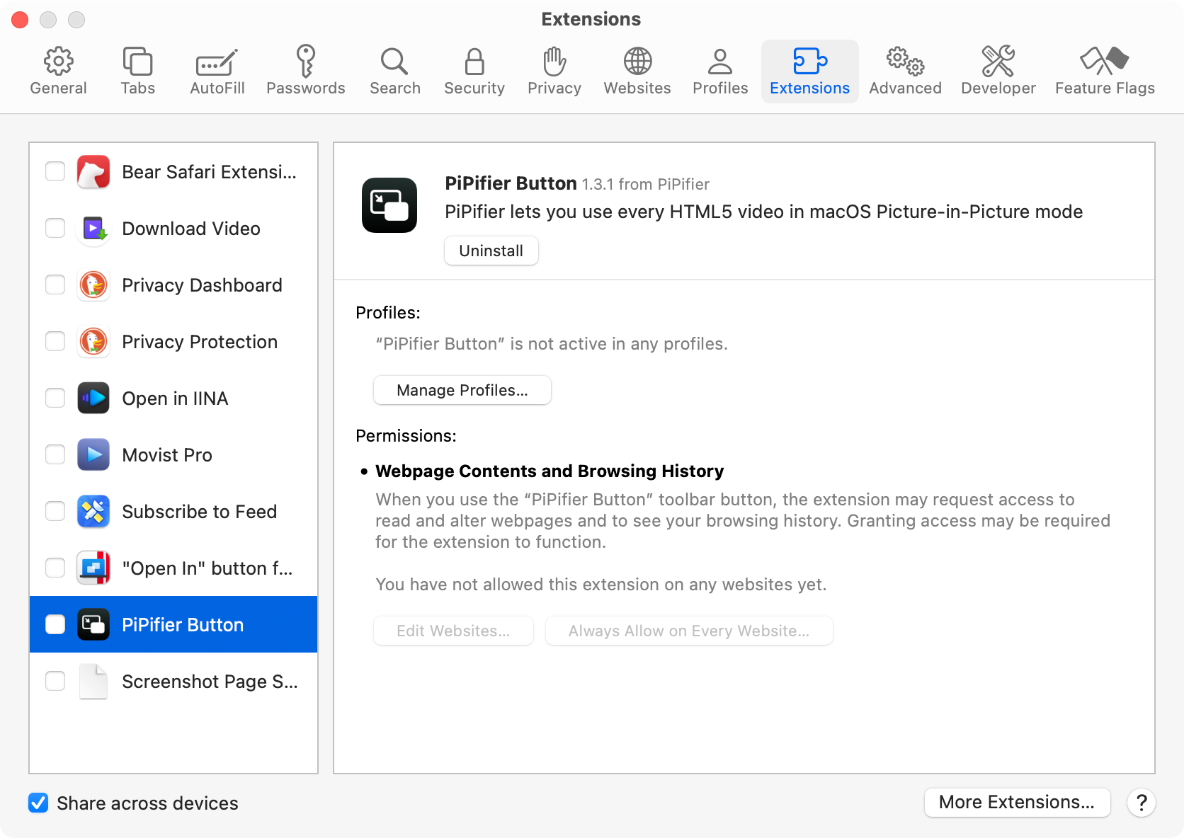 A list of disabled Safari extensions.