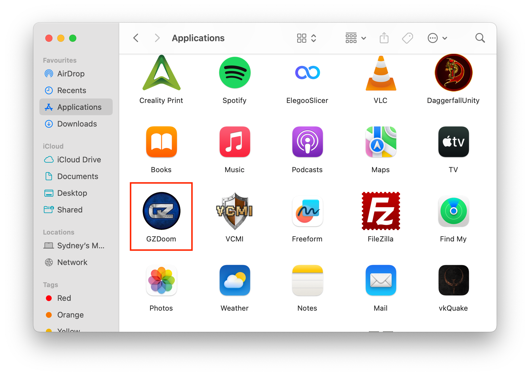 The macOS Applications folder with GZDoom highlighted.