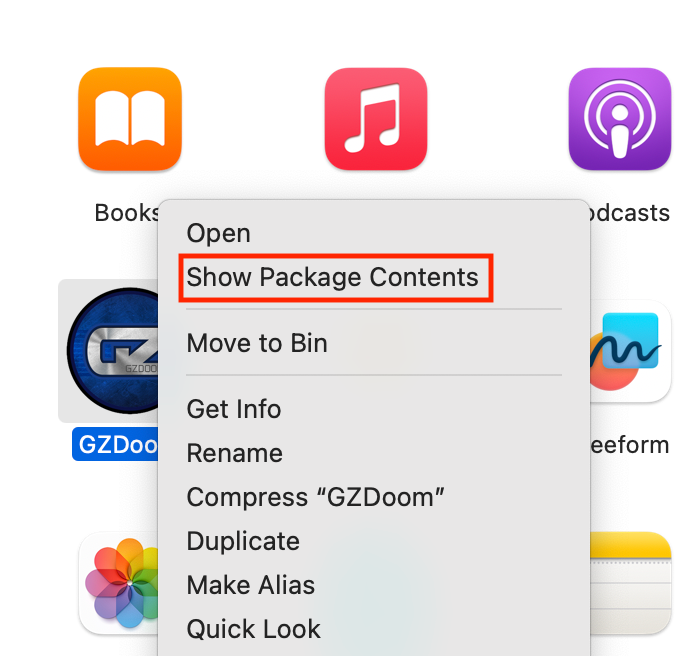 A context menu showing the option to inspect a macOS app package's contents.