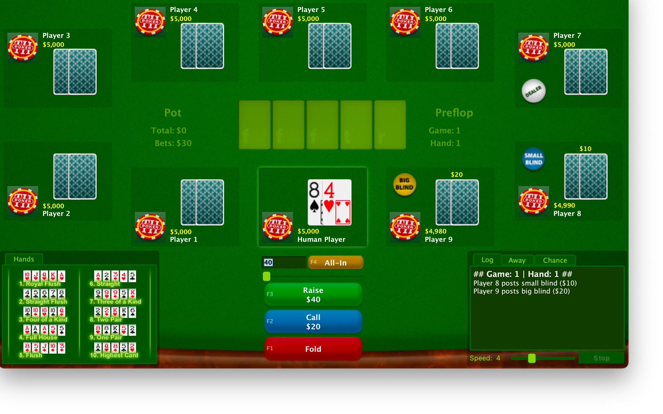 The start of a PokerTH game.