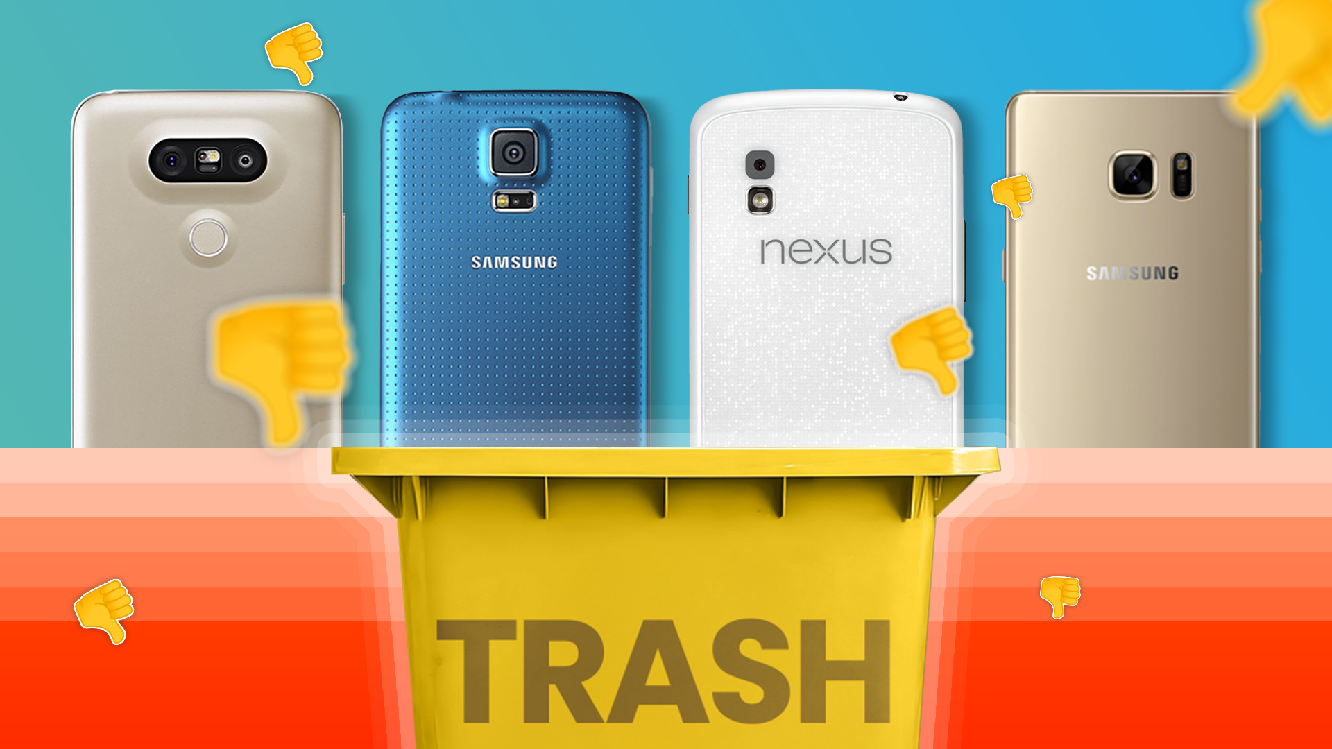 Some smartphones side by side, a trash bin below, and several thumbs down around them.