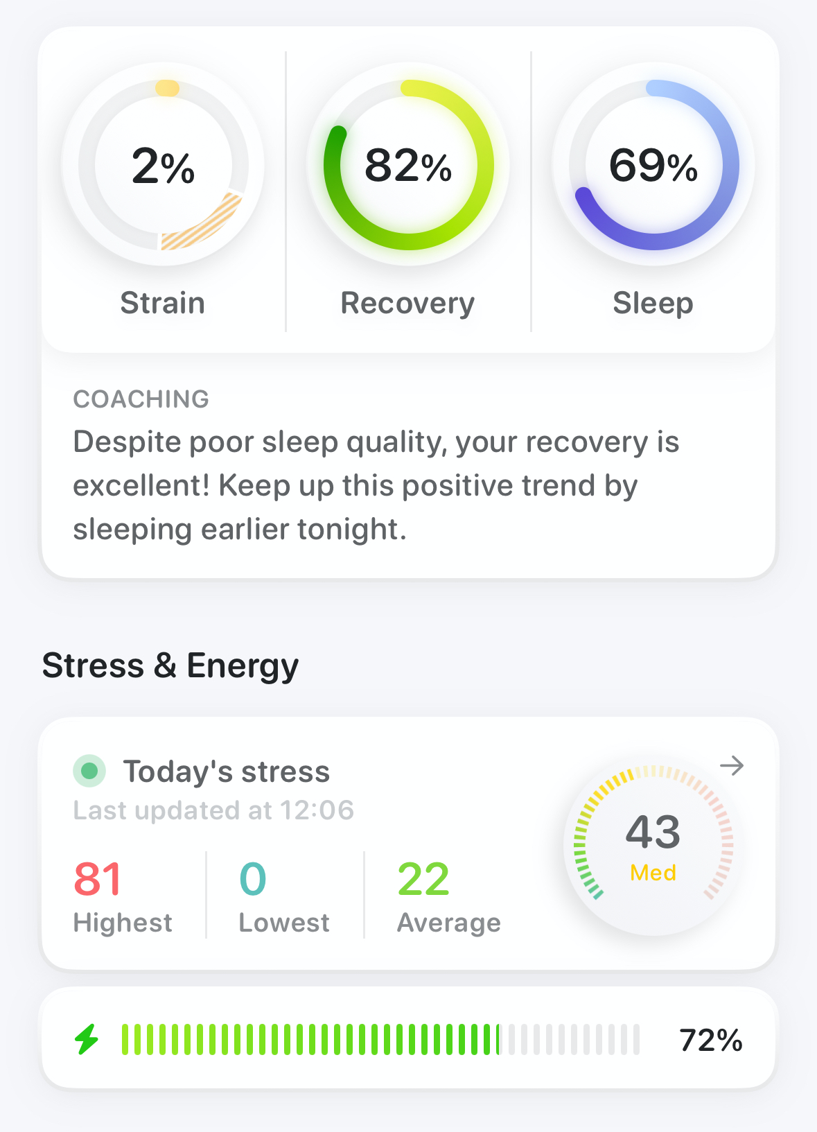 Stats for strain, recovery, sleep, and stress and energy in the Bevel app.