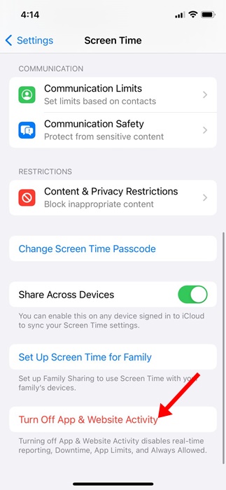 Turn Off App & Website Activity
