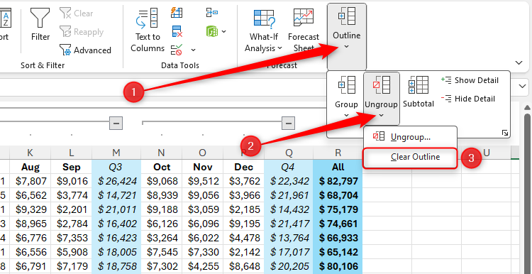 The Clear Outline option in the Data tab on Excel's ribbon.