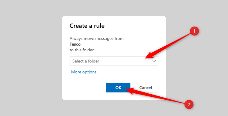 The Create Rule dialog box in new Outlook, with the Select A Folder drop-down menu selected, and the OK button highlighted.