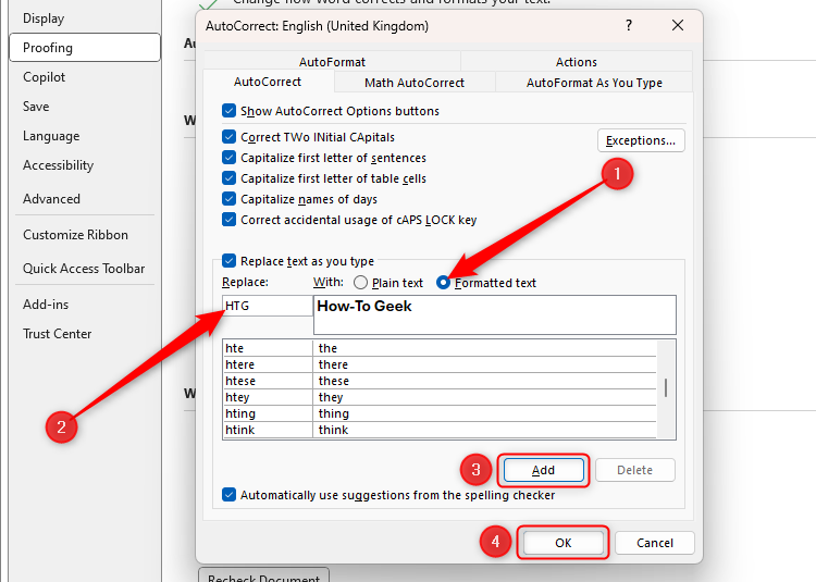 The Formatted Text radio button is checked in Microsoft Word's AutoCorrect dialog box, and the words 'How-To Geek' are displayed in bold.