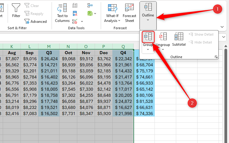 The Group button in the Outline drop-down menu of the Data tab on Excel's ribbon.