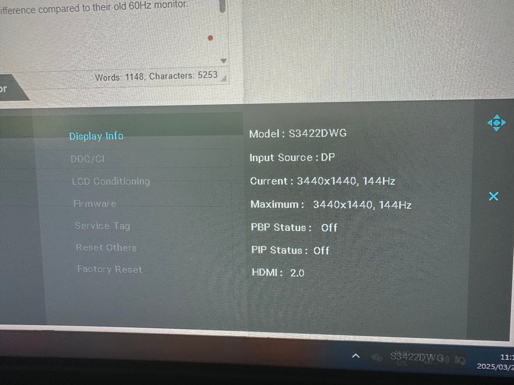 The monitor info display on a Dell Ultrawide monitor.