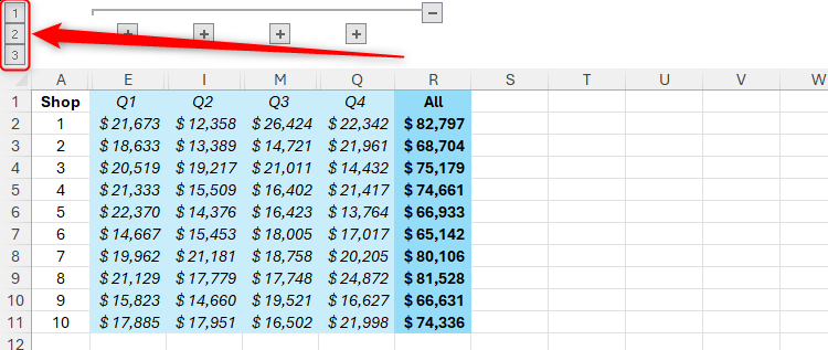 The numerical grouping level indicators in Excel are highlighted.