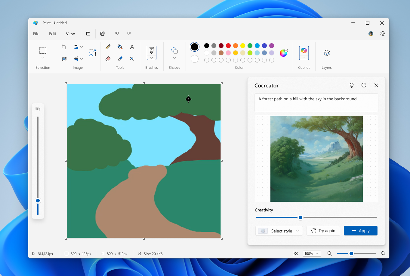 The Paint app window with the Cocreator side panel opened.
